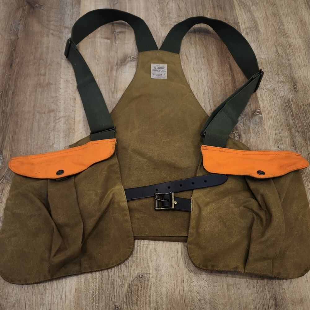 Vtg Filson Tin Cloth Game Bag Hunting Tan/Orange Sz L/XL Made In USA Embroidered